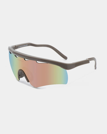 Beige løbe briller med farvet glas, set fra siden