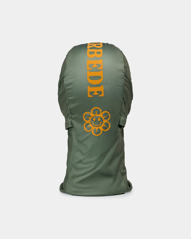 Grøn A.Kjærbede balaclava til ski, orange logo, bagfra